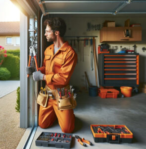 The Garage Door Repair man adjusting a garage door.